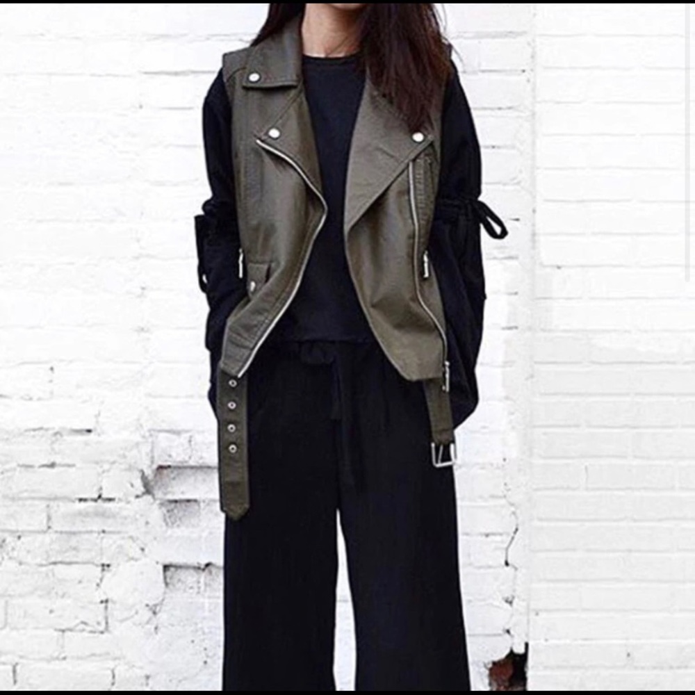 Olive Green Faux Leather Moto Vest S